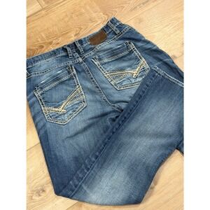 BKE Derek Mens 33R Straight Leg Jeans Medium Wash Heavy Stitch Blue Denim